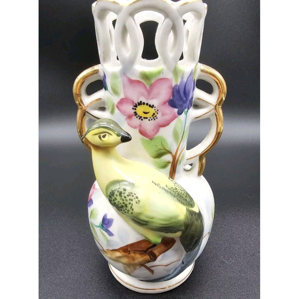 Vintage Porcelain Pheasant Floral Made In Occupied Japan Double Handle Vase